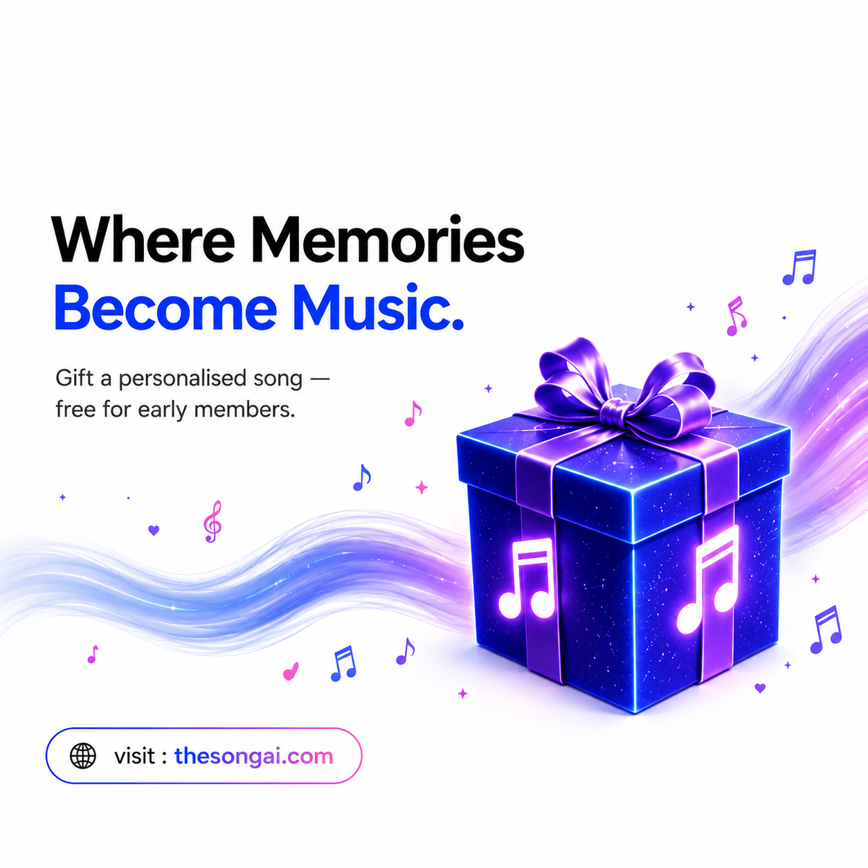 Songai Media with a blue gift box and musical notes.