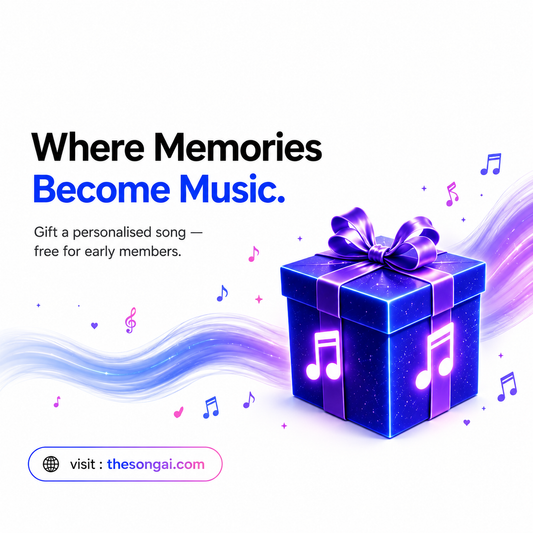 Songai Media with a blue gift box and musical notes.